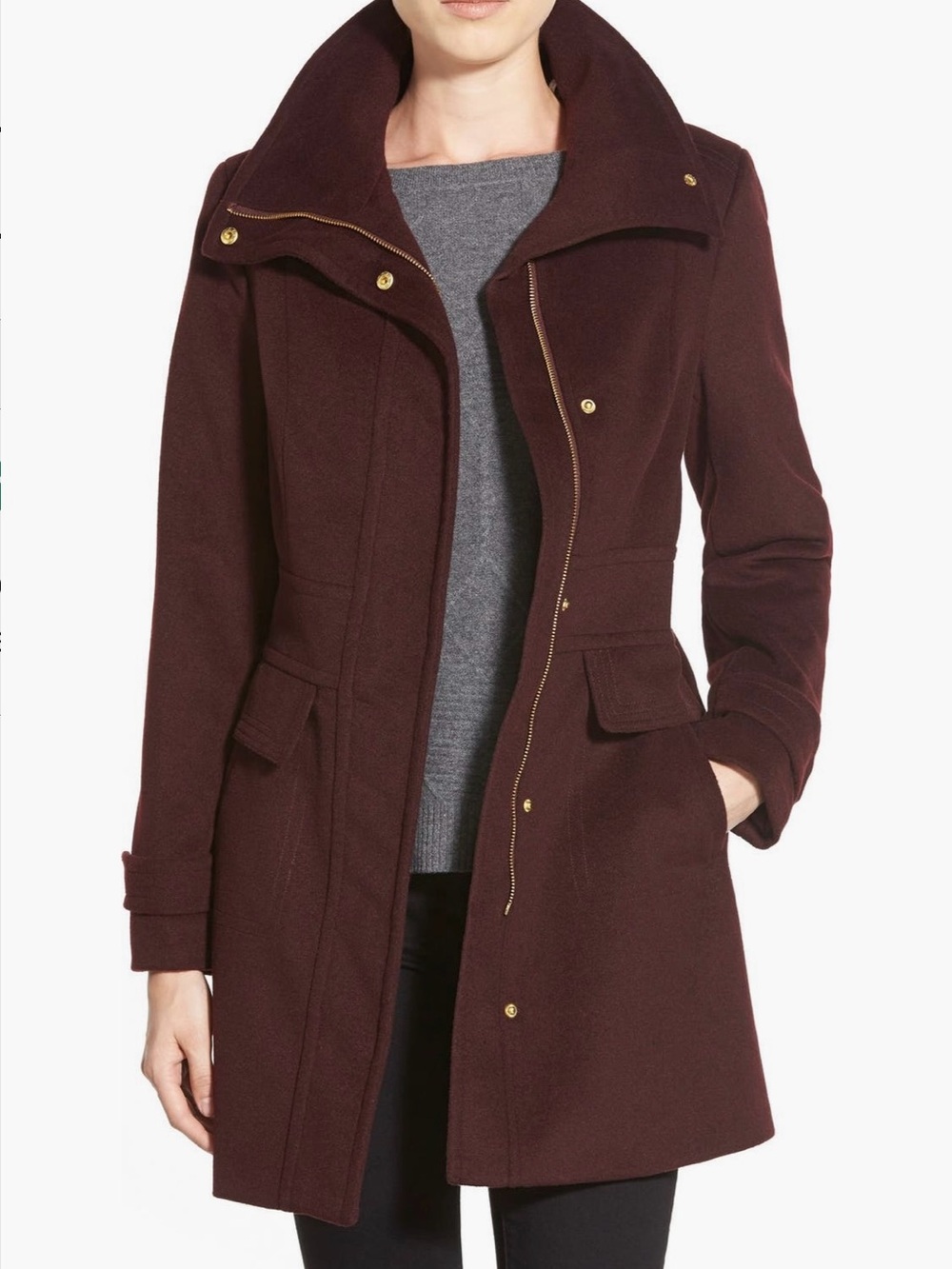 Cole Haan Signature Burgundy Wool Blend Stand Collar Coat | Size 2